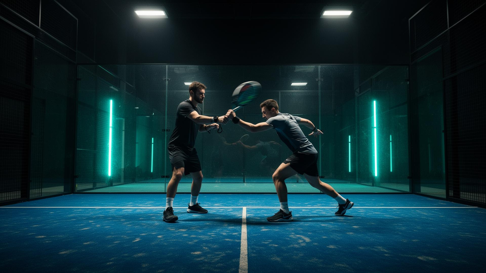 Padel-Trainer und Spieler in intensiver Trainingseinheit auf einem Court der Padel Factory Berlin