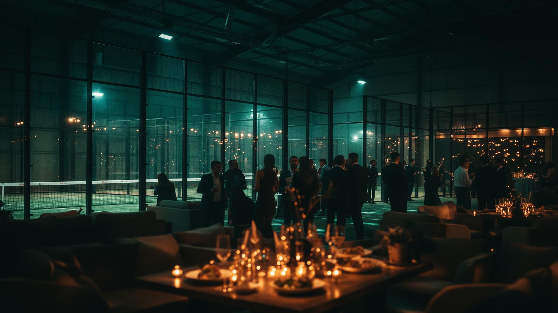 Stimmungsvolles Firmenevent in der Padel Factory Berlin mit Lounge, Catering und beleuchteten Courts