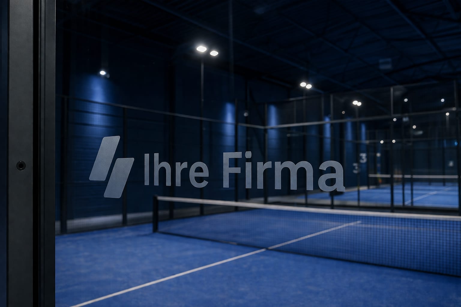 Padel Court in der Padel Factory Berlin mit ‚Ihre Firma‘-Branding auf der Glaswand